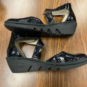 FLY LONDON Black Patent Mary Jane Wedges Size 39